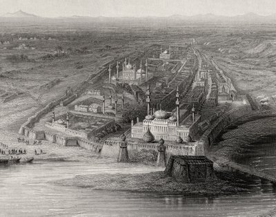Panoramablick auf Neu- und Alt-Delhi, Indien von English School